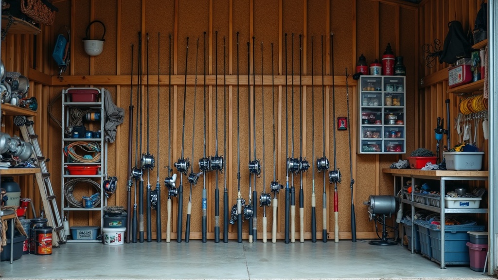 Fishing rods, reels, and tackle boxes arranged neatly in a tidy garage, with organized hooks, lures, and fishing line displayed.