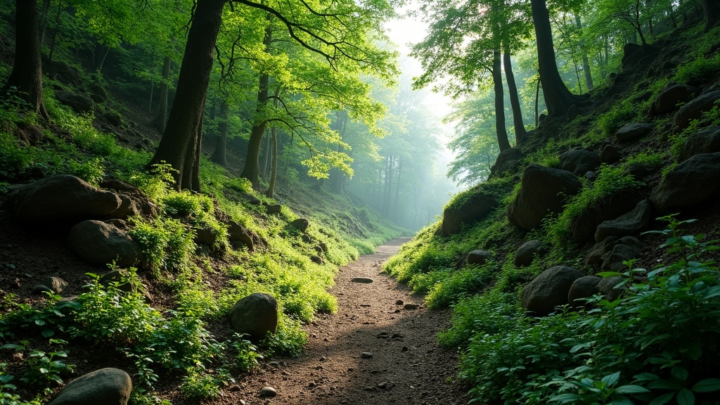 Lush forested hiking trail winding through green hills, rocks, and trees; sunlight filtering through branches.