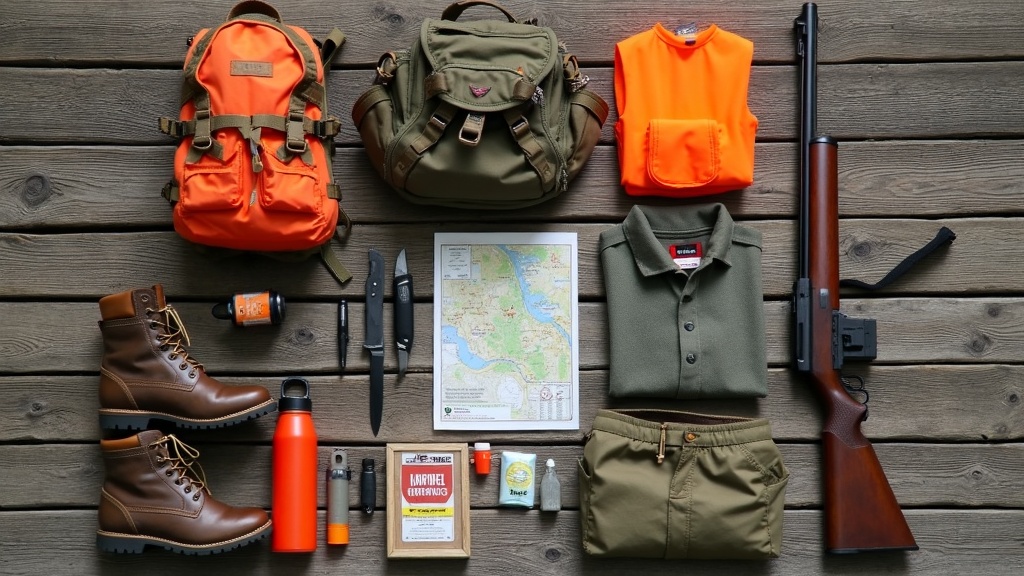 Various hunting gear spread out including boots, backpack, compass, rifle, and clothing