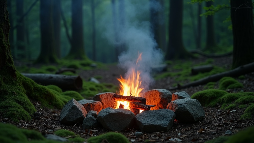 A campfire burning brightly in a lush green forest.